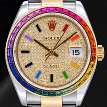 Afbeelding in Gallery-weergave laden, Rolex Datejust 116203 36mm Tweekleurig Horloge met Diamant Pavé Regenboog Oost-Arabische Wijzerplaat
