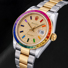 Afbeelding in Gallery-weergave laden, Rolex Datejust 116203 36mm Tweekleurig Horloge met Diamant Pavé Regenboog Oost-Arabische Wijzerplaat
