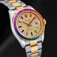 Afbeelding in Gallery-weergave laden, Rolex Datejust 116203 36mm Tweekleurig Horloge met Diamant Pavé Regenboog Oost-Arabische Wijzerplaat
