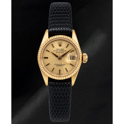 Rolex Datejust 26mm 6517 Champagne Wijzerplaat Geelgoud en Zwarte Leren Band Horloge