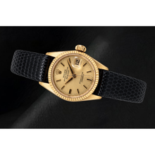 Afbeelding in Gallery-weergave laden, Rolex Datejust 26mm 6517 Champagne Wijzerplaat Geelgoud en Zwarte Leren Band Horloge
