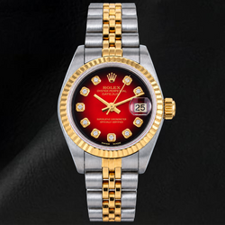 Rolex Datejust 26mm 69173 Rode Diamanten Wijzerplaat Gekartelde Lunette Tweekleurig Horloge