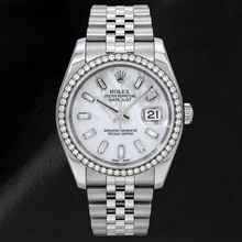 Afbeelding in Gallery-weergave laden, Rolex Datejust 36mm 116200 Wit Parelmoer Baguette Diamanten Wijzerplaat Diamanten Lunette Jubilee-armband Horloge
