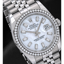 Afbeelding in Gallery-weergave laden, Rolex Datejust 36mm 116200 Wit Parelmoer Baguette Diamanten Wijzerplaat Diamanten Lunette Jubilee-armband Horloge

