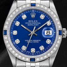 Afbeelding in Gallery-weergave laden, Rolex Datejust 36mm 1601 Blauwe Diamanten Wijzerplaat Diamanten Lunette Roestvrij Staal Horloge
