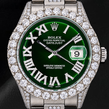 Afbeelding in Gallery-weergave laden, Rolex Datejust 36mm 6605 Groene Romeinse Diamanten Wijzerplaat Diamanten Lunette Roestvrij Staal Horloge
