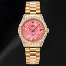 Afbeelding in Gallery-weergave laden, Rolex Datejust 68278 31mm Roze Florale Diamanten Wijzerplaat Geelgoud Horloge
