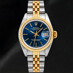 Rolex Datejust 6917 26 mm Blauwe Wijzerplaat met Streepindexen Gekartelde Lunette Tweekleurige Jubilee-armband Horloge