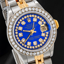 Afbeelding in Gallery-weergave laden, Rolex Datejust 6917 26 mm Horloge, Blauwe Diamanten Wijzerplaat met Diamantensnoer, Tweekleurig, Jubilee-armband
