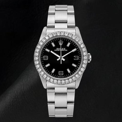 Rolex Oyster Perpetual 26mm 76030 Horloge met Zwarte Arabische Wijzerplaat en Diamanten Lunette
