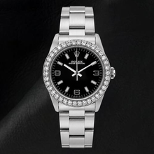 Afbeelding in Gallery-weergave laden, Rolex Oyster Perpetual 26mm 76030 Horloge met Zwarte Arabische Wijzerplaat en Diamanten Lunette
