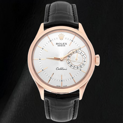 Rolex Oyster Perpetual 50515 39 mm Zilveren Wijzerplaat met Streepindexen Zwarte Leren Band Roségoud Horloge