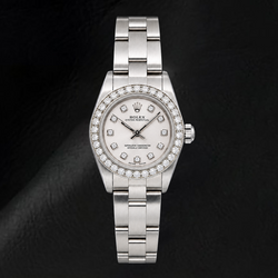 Rolex Oyster Perpetual 76080 26mm Zilveren Diamanten Wijzerplaat Roestvrij Staal Horloge