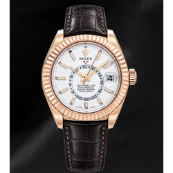 Rolex Sky-Dweller 326135 42mm Witte Wijzerplaat Roségoud en Bruine Leren Band Horloge