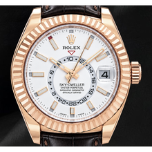 Afbeelding in Gallery-weergave laden, Rolex Sky-Dweller 326135 42mm Witte Wijzerplaat Roségoud en Bruine Leren Band Horloge
