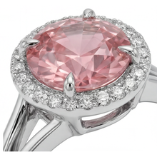 Afbeelding in Gallery-weergave laden, Padparadscha ring 4,3 karaat labgekweekte ronde saffier halo 14K witgoud
