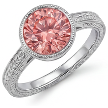Afbeelding in Gallery-weergave laden, Padparadscha ring 4 karaat labgekweekte ronde saffier lunette solitair 14K witgoud
