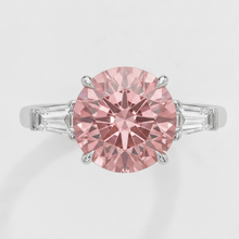 Afbeelding in Gallery-weergave laden, Drie-steens platina ring met echte ronde padparadschasaffier van 3,1 karaat en witte baguettes
