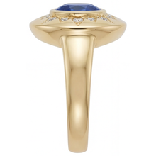 Afbeelding in Gallery-weergave laden, Rond Briljant Royal Blue Saffier ring in 14K Geelgoud – zijaanzicht

