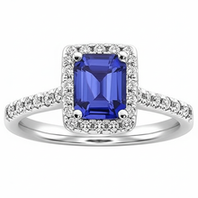 Afbeelding in Gallery-weergave laden, smaragd geslepen blauwe saffier halo ring met diamant 4,25 karaat
