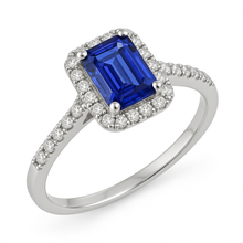 Afbeelding in Gallery-weergave laden, smaragd geslepen blauwe saffier halo ring met diamant 4,25 karaat
