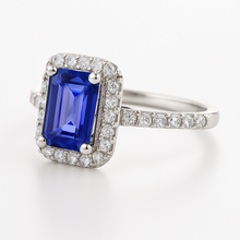 Afbeelding in Gallery-weergave laden, smaragd geslepen blauwe saffier halo ring met diamant 4,25 karaat
