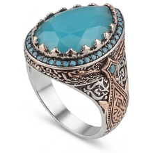 Afbeelding in Gallery-weergave laden, Druppelvormig Turquoise ring in 14 Karaat Tweekleurig Goud – zijaanzicht
