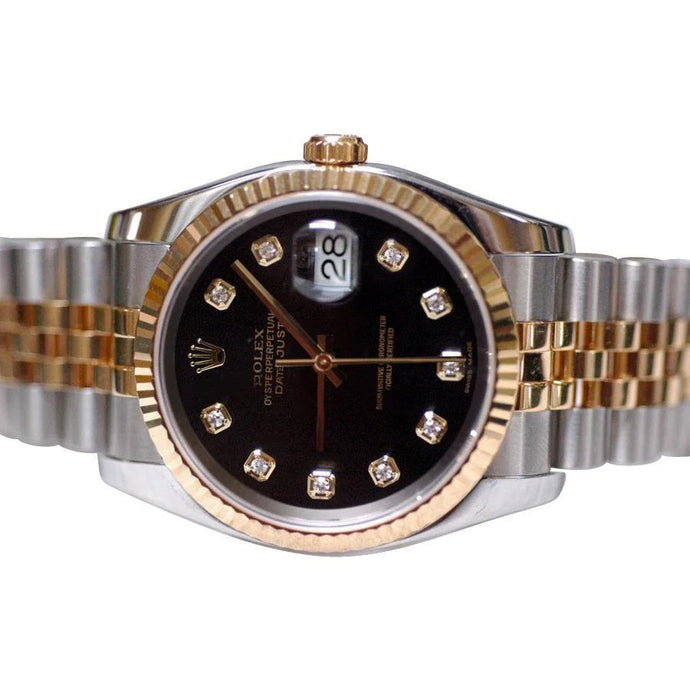 tweekleurige Rolex Datumjust horloge zwarte diamanten wijzerplaat heren

