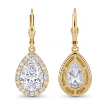 Afbeelding in Gallery-weergave laden, Witte diamanten oorhangers 3,5 karaat labgekweekt peervormige halo klapsluiting 14K geelgoud

