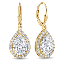 Witte diamanten oorhangers 3,5 karaat labgekweekt peervormige halo klapsluiting 14K geelgoud
