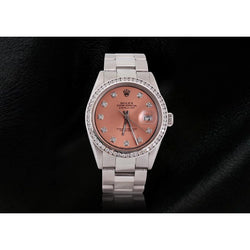 zalm diamanten wijzerplaat rand roestvrij staal Oester herenhorloge Rolex Datumjust snel ingesteld