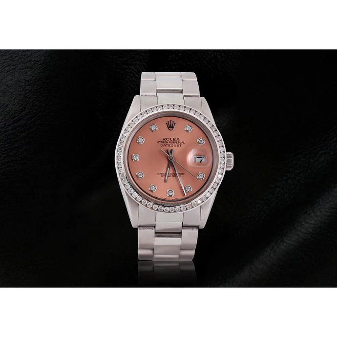zalm diamanten wijzerplaat rand roestvrij staal Oester herenhorloge Rolex Datumjust snel ingesteld
