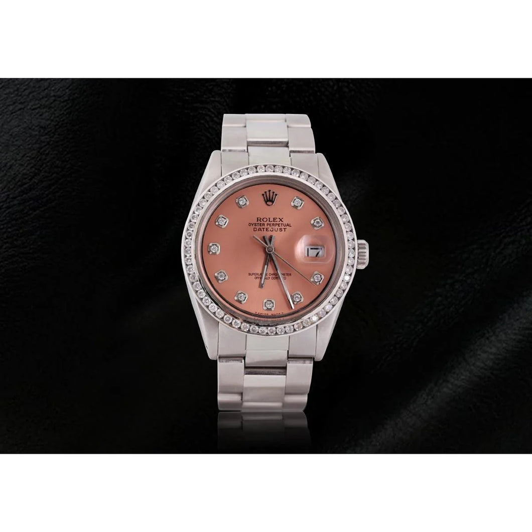 zalm diamanten wijzerplaat rand roestvrij staal Oester herenhorloge Rolex Datumjust snel ingesteld
