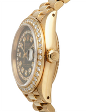 Afbeelding in Gallery-weergave laden, zwarte snaar diamanten wijzerplaat Rolex voorzitter horloge Datumjust diamanten rand
