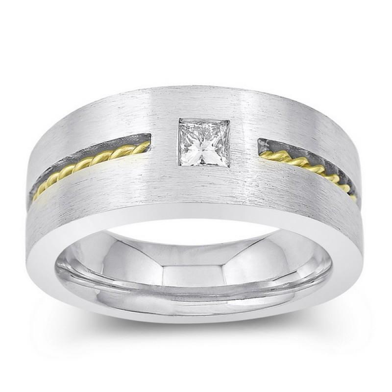 0,35 Karaat Prinses Geslepen Echt Diamanten Heren Solitaire Ring Tweekleurig Goud 14K