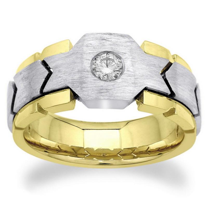 0,50 Karaat Ronde Echt Diamanten Solitaire Herenring Tweekleurig Goud 14K
