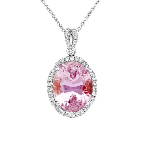 12,50 karaat roze ovale kunziet met diamanten hanger wit goud 14k
