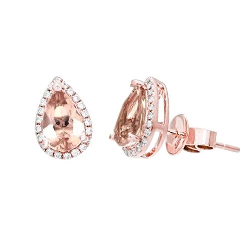 12.10 ct. peer morganite en ronde diamanten oorknopjes goud 14k