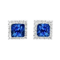14K witgouden Princess Cut Blue Sapphire Diamond Stud Earring 2.40 Ct