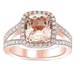 15 kt kussen Morganite en ronde diamanten ring rosé goud 14k