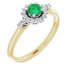 Afbeelding in Gallery-weergave laden, 1,50 karaat diamanten ronde groene smaragd ring tweekleurig goud 14k
