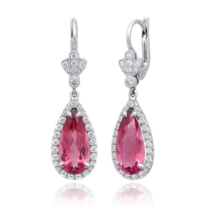 16 karaat roze toermalijn met diamanten dangle oorbellen 14k goud
