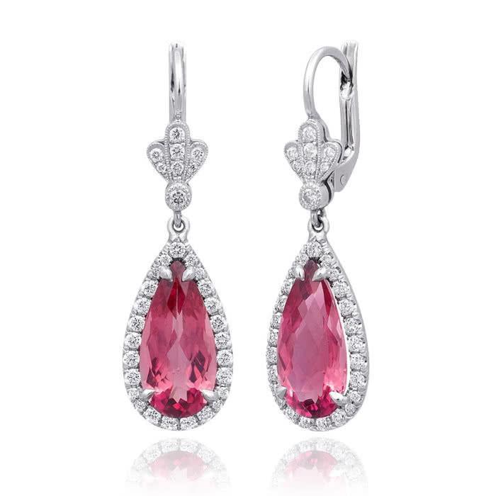 16 karaat roze toermalijn met diamanten dangle oorbellen 14k goud