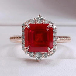 17 karaat grote Asscher-vormige rode robijn en diamanten ring goud 14K