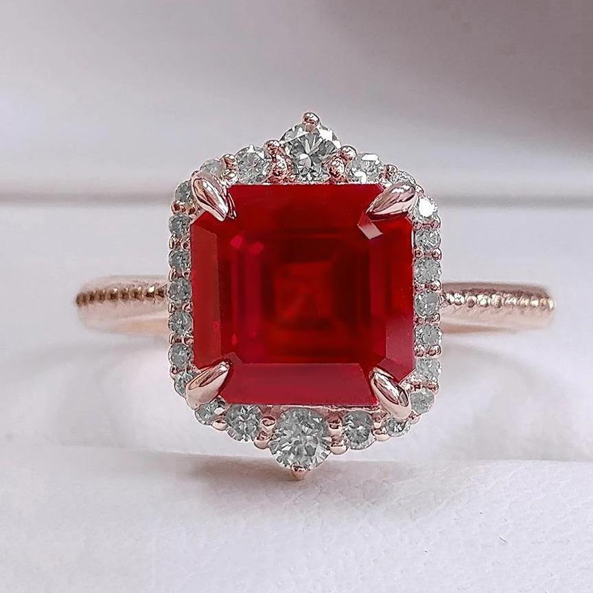 17 karaat grote Asscher-vormige rode robijn en diamanten ring goud 14K - harrychadent.nl