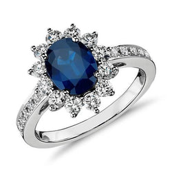 1,70 karaat blauwe ovale saffier en ronde diamanten ring wit goud 14K