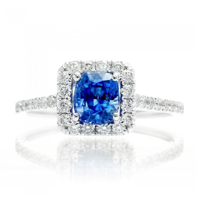 1,75 ct blauwe kussengeslepen Ceylon saffier met diamanten trouwring - harrychadent.nl