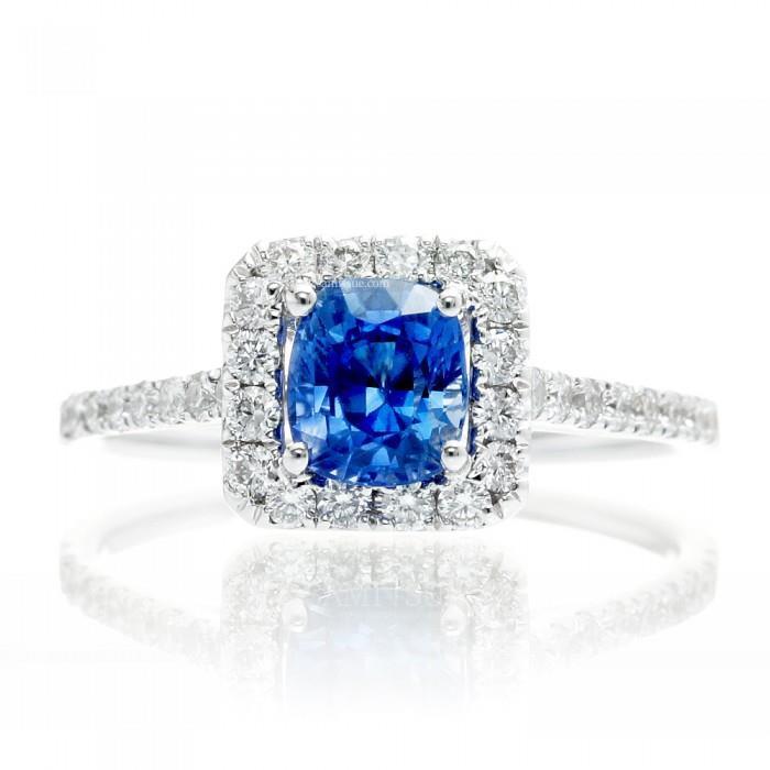 1,75 ct blauwe kussengeslepen Ceylon saffier met diamanten trouwring - harrychadent.nl