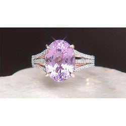 18 kt ovale geslepen roze kunziet en ronde diamanten ring witte sieraden