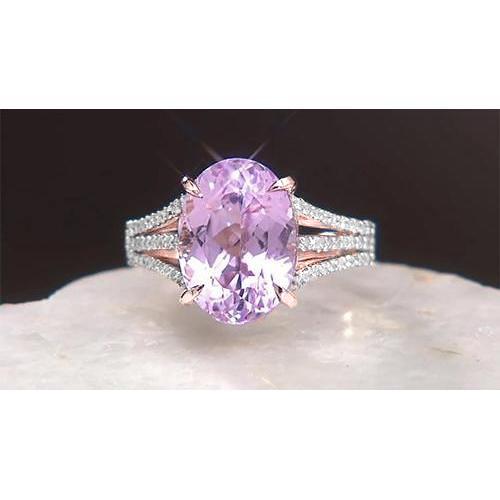 18 kt ovale geslepen roze kunziet en ronde diamanten ring witte sieraden